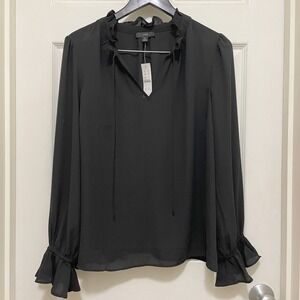 NEW J.Crew Ruffle V-Neck Tie Front Top Black Chiffon Flounce Sleeve‎ Boho L XL